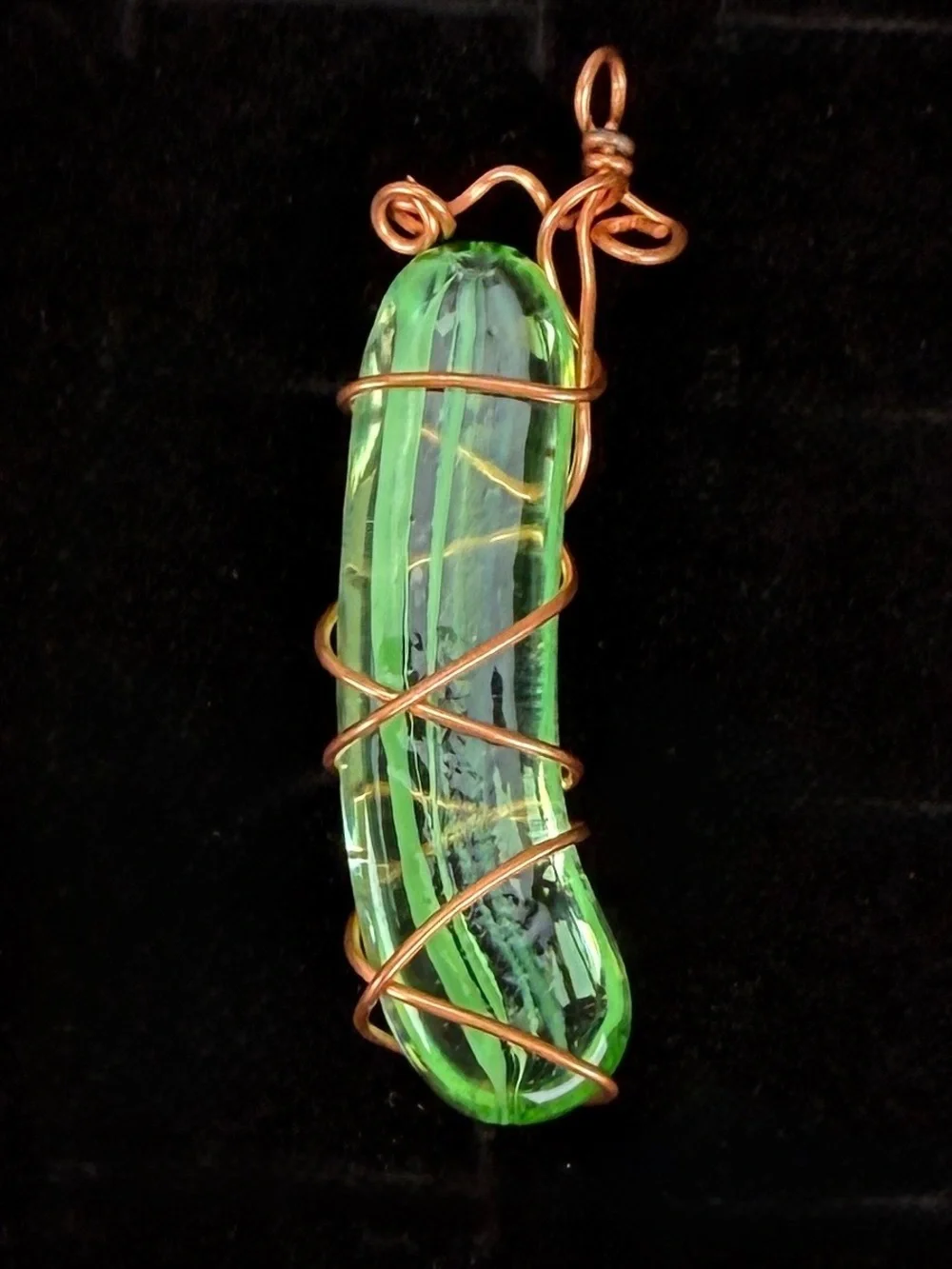 Green Glass Pendant Necklace with Coppertone Wire Wrap